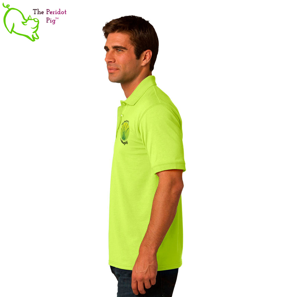 A saftey green short sleeve polo featuring the Zako Brothers logo on the left shoulder area. Left side view.