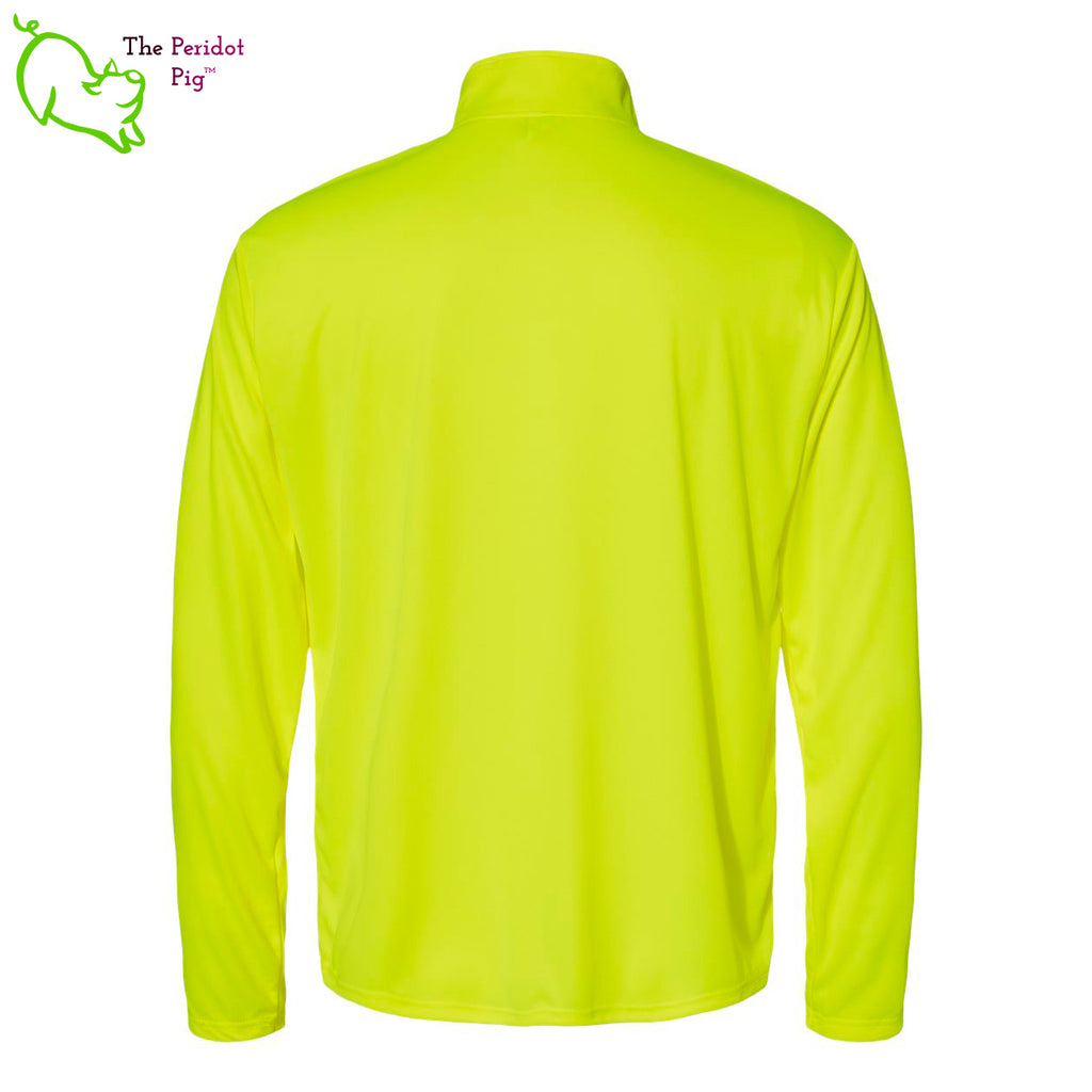 A saftey green long sleeve quarter-zip shirt featuring the Zako Brothers logo on the left shoulder area. Back view.