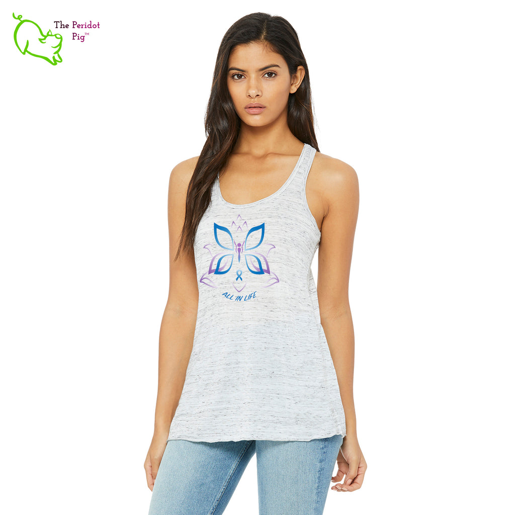 This racerback tank is super soft, lightweight, and form-fitting (but not too tight in the mid-section) with a flattering cut and raw edge seams for an edgy touch. The front features Kristin Zako's logo and the back is blank. White marble front view.