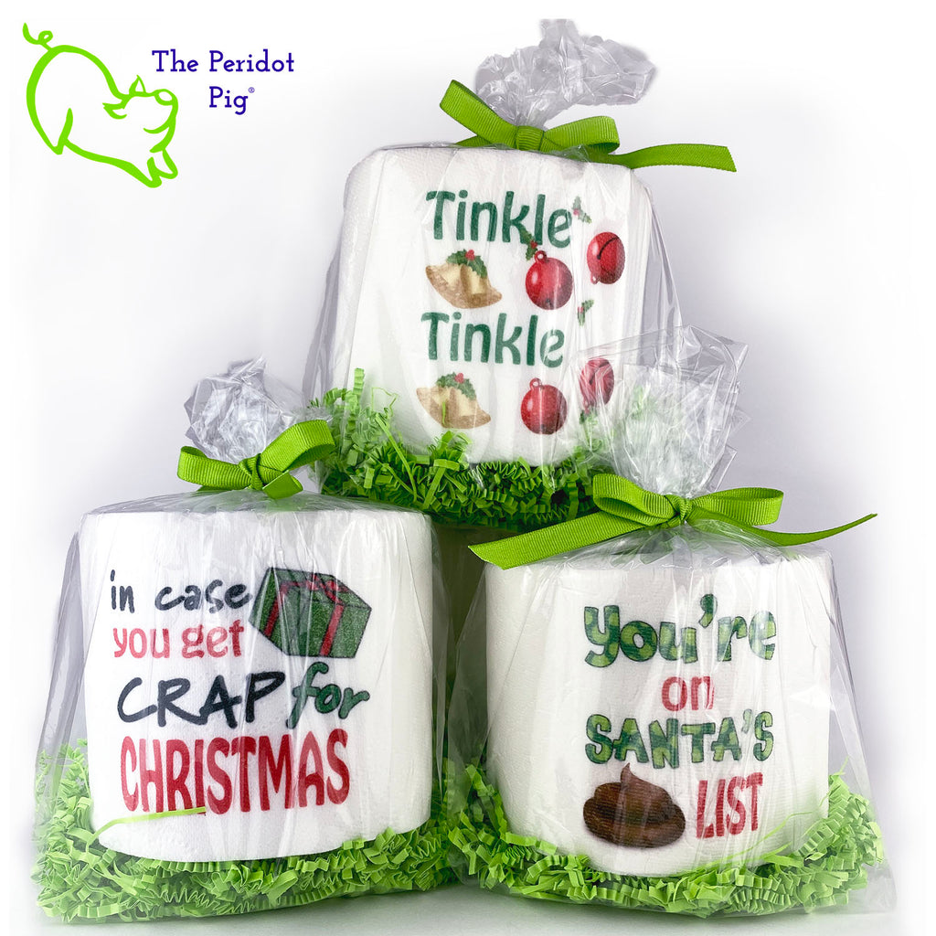 this listing is for a single, high-quality 2-ply toilet paper roll which has been printed in vivid sublimation color. We then wrap it all up with some peridot green crinkle paper and a matching bow. This version has the silhouette of a cute snowman lady with blushing cheeks. Other selections shown in a stack of three.