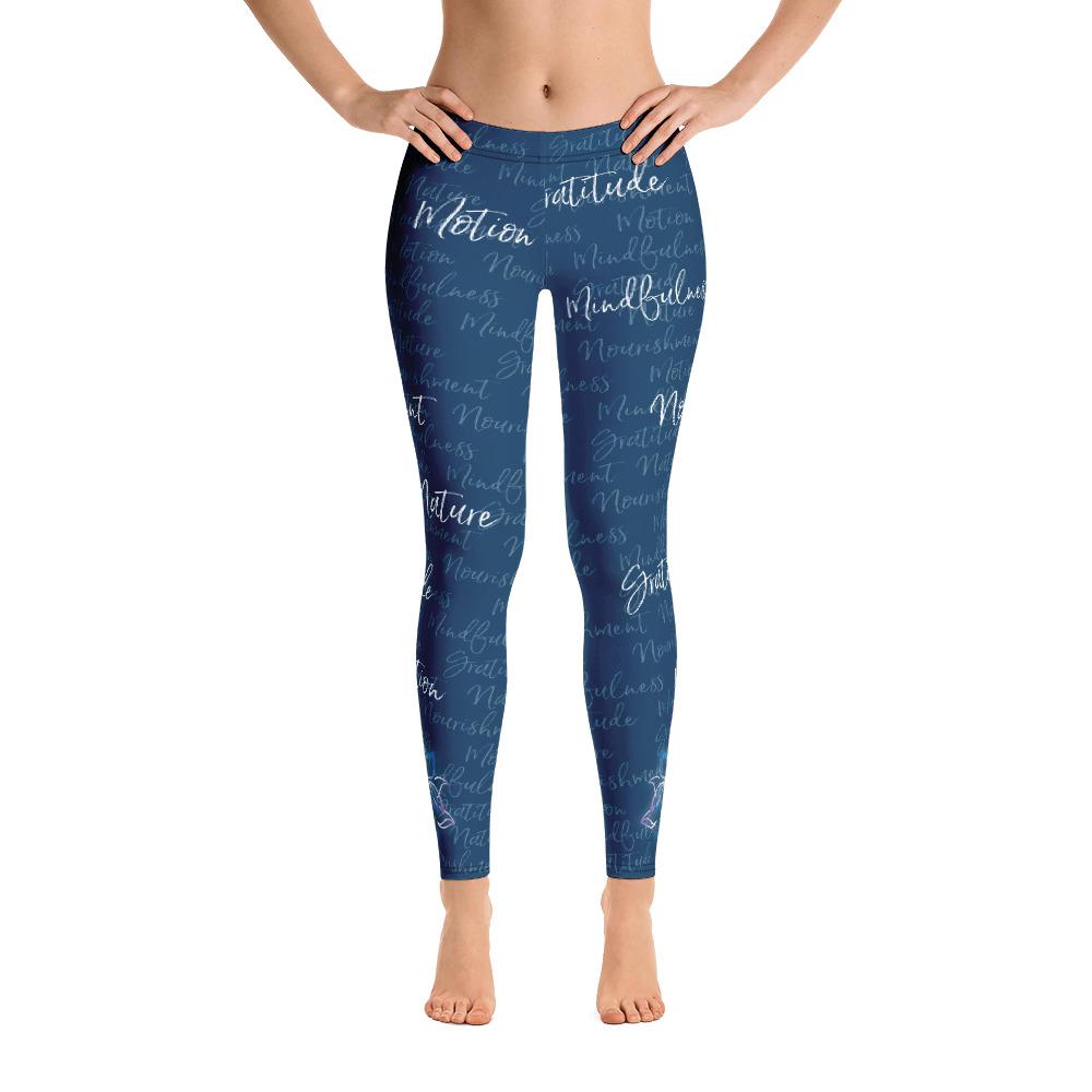 It's hard to compete with Kristin's dino leggings but these might do it! Filled with her four pillars phrases and topped off with her logo on each ankle. Shown in blue, front view.