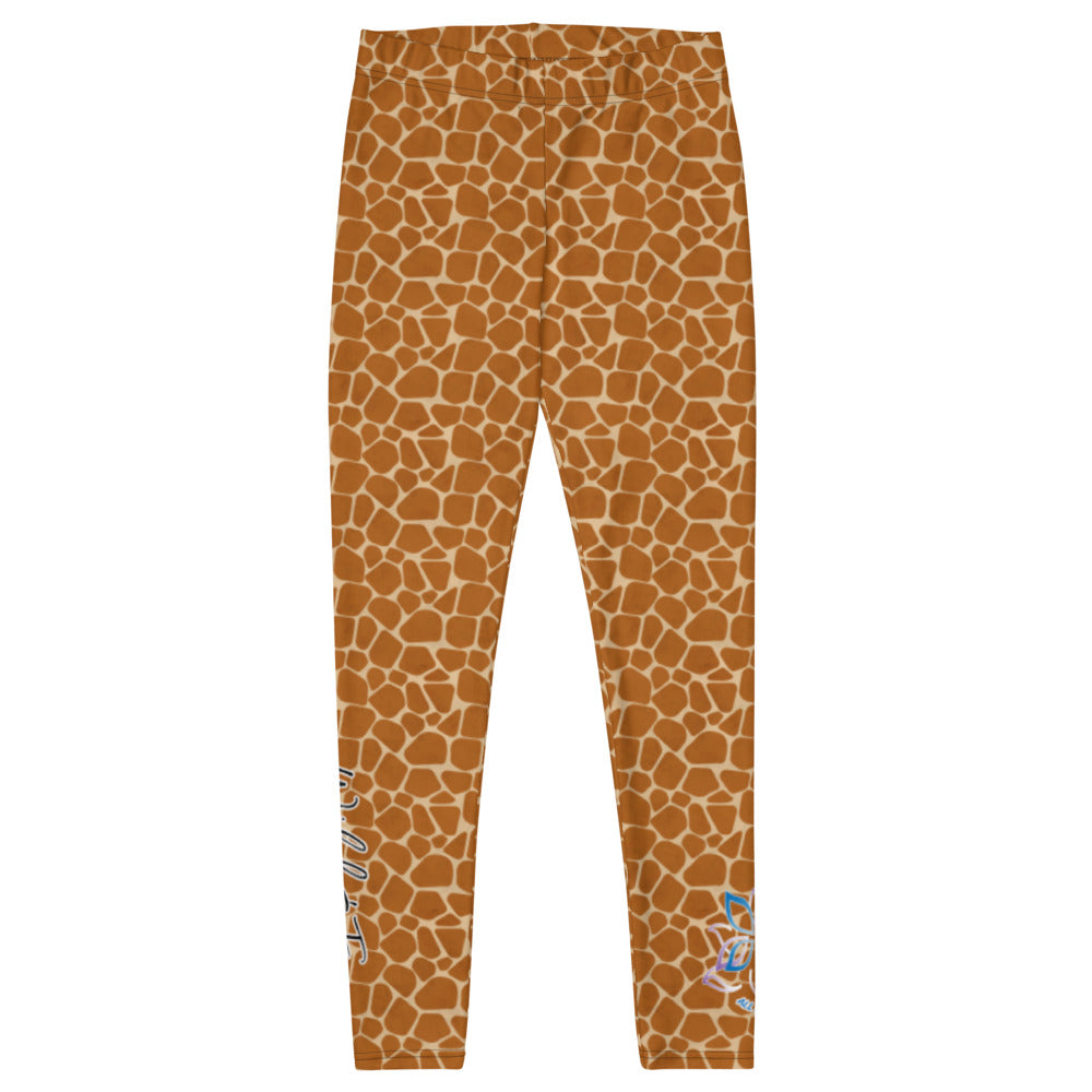 Kristin Zako embodies the "Wild & Free" spirit of her giraffe print leggings. These are printed in vivid color with a stylized giraffe print.  The words, "WILD & FREE" are down the right leg and you'll find Kristin's logo on the lower left leg. Front view shown flat.