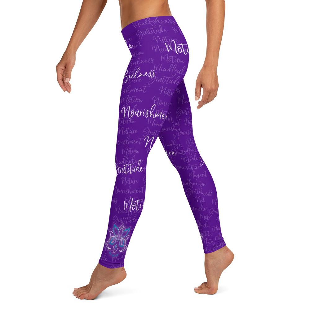 It's hard to compete with Kristin's dino leggings but these might do it! Filled with her four pillars phrases and topped off with her logo on each ankle. Shown in purple, left side view.