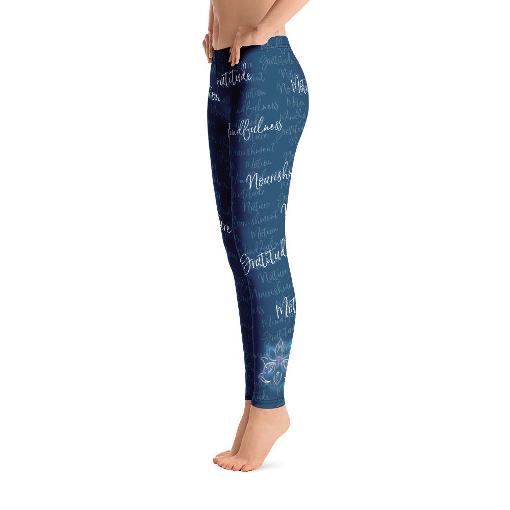 It's hard to compete with Kristin's dino leggings but these might do it! Filled with her four pillars phrases and topped off with her logo on each ankle. Shown in blue, left side view.