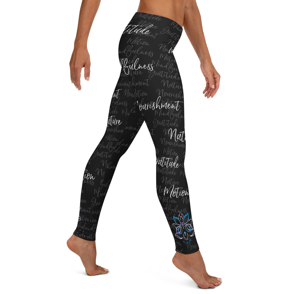 It's hard to compete with Kristin's dino leggings but these might do it! Filled with her four pillars phrases and topped off with her logo on each ankle. Shown in black, right side view.