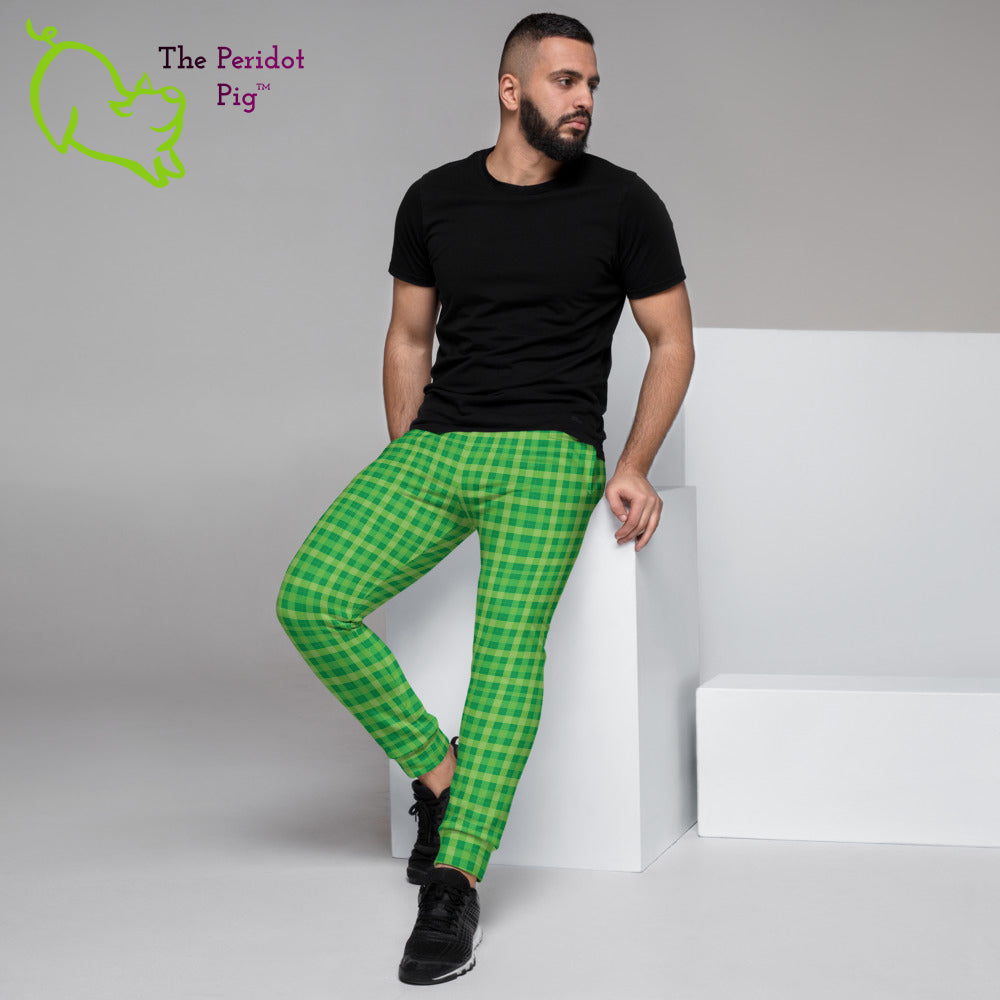 Caution - these sweats will make you stand out in a crowd! Make your workouts more memorable with these cotton blend Irish plaid joggers. Front view on a male model.