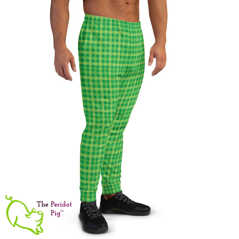 Caution - these sweats will make you stand out in a crowd! Make your workouts more memorable with these cotton blend Irish plaid joggers. Front view on a male model.