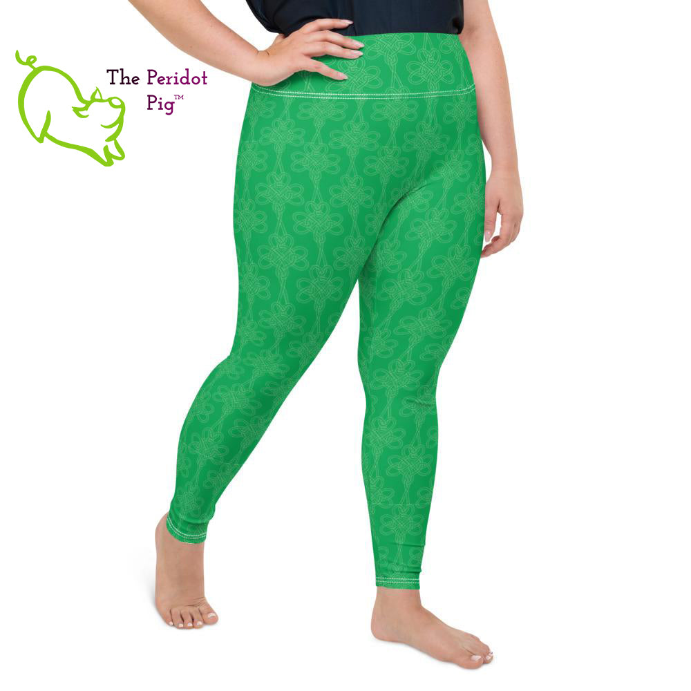 Avoid the pinching on St Patrick's Day with a pair of bright green leggings! These leggings feature a shamrock Celtic-style knot pattern set on a bright kelly green background. Right side view.