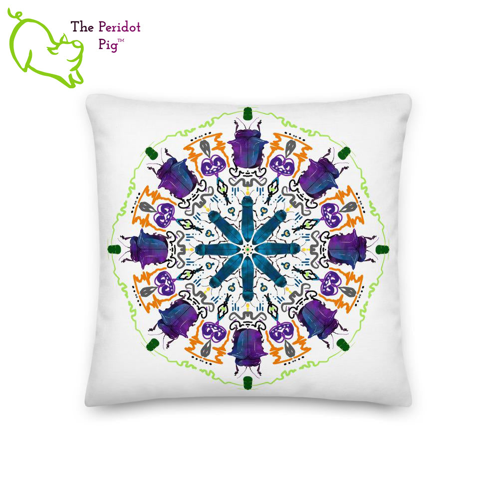 A colorful mandala of beetles graces this white pillow and is availble in either 18"x18" or 22"x22" sizes. The image is printed on both the front and back. The larger beetle has shades of violet and blue.  The smaller beetle is in a bright shade of blue. Printed on a bright, white casing these bugs really pop! 18" version shown.