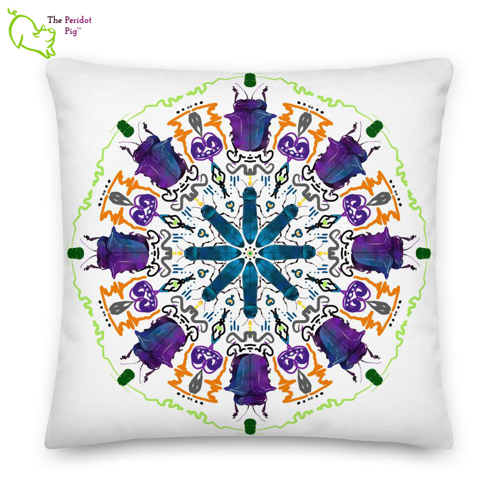 A colorful mandala of beetles graces this white pillow and is availble in either 18"x18" or 22"x22" sizes. The image is printed on both the front and back. The larger beetle has shades of violet and blue.  The smaller beetle is in a bright shade of blue. Printed on a bright, white casing these bugs really pop! 22" version shown.