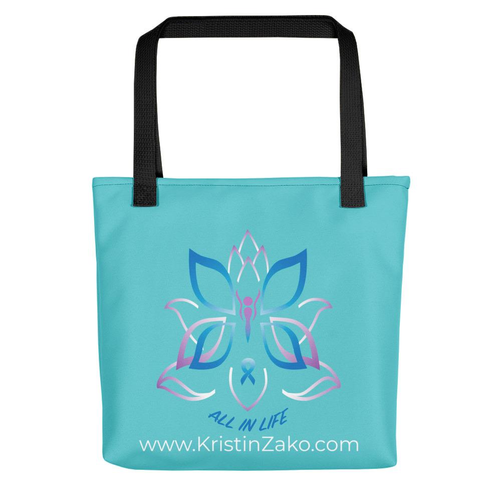 A spacious and trendy tote bag to help you carry around everything while reminding you that "Life is an adventure meant to be lived". These totes are very sturdy and feature an allover print with Kristin Zako's Logo on the front and the adventure phrase on the back. Front view shown in Teal.