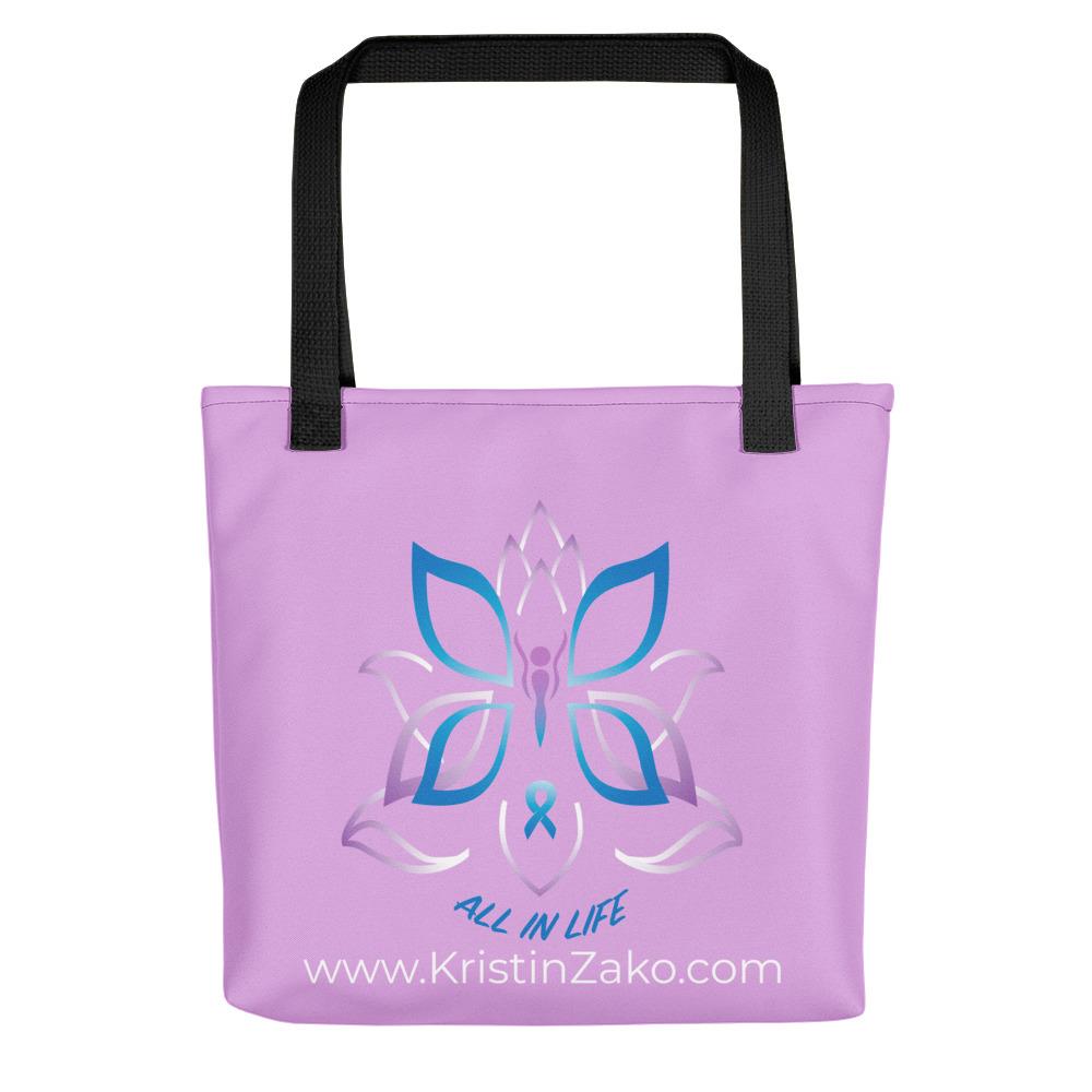 A spacious and trendy tote bag to help you carry around everything while reminding you that "Life is an adventure meant to be lived". These totes are very sturdy and feature an allover print with Kristin Zako's Logo on the front and the adventure phrase on the back. Front view shown in Purple.