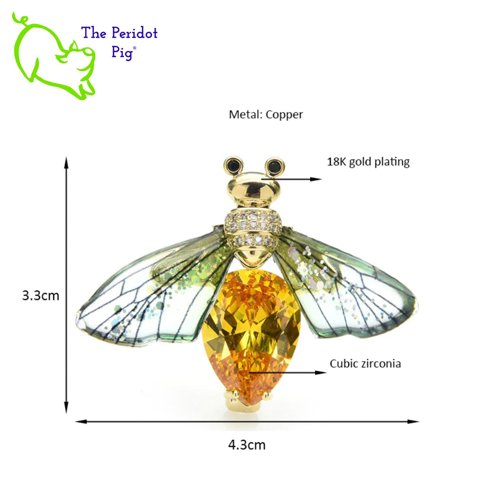 What a blingy bee! These brilliant, cubic zirconia bees are nearly 1.7" wide! They have gold plated bodies and acrylic wings. Sparkly!! Front view with green wings shown with dimensions.