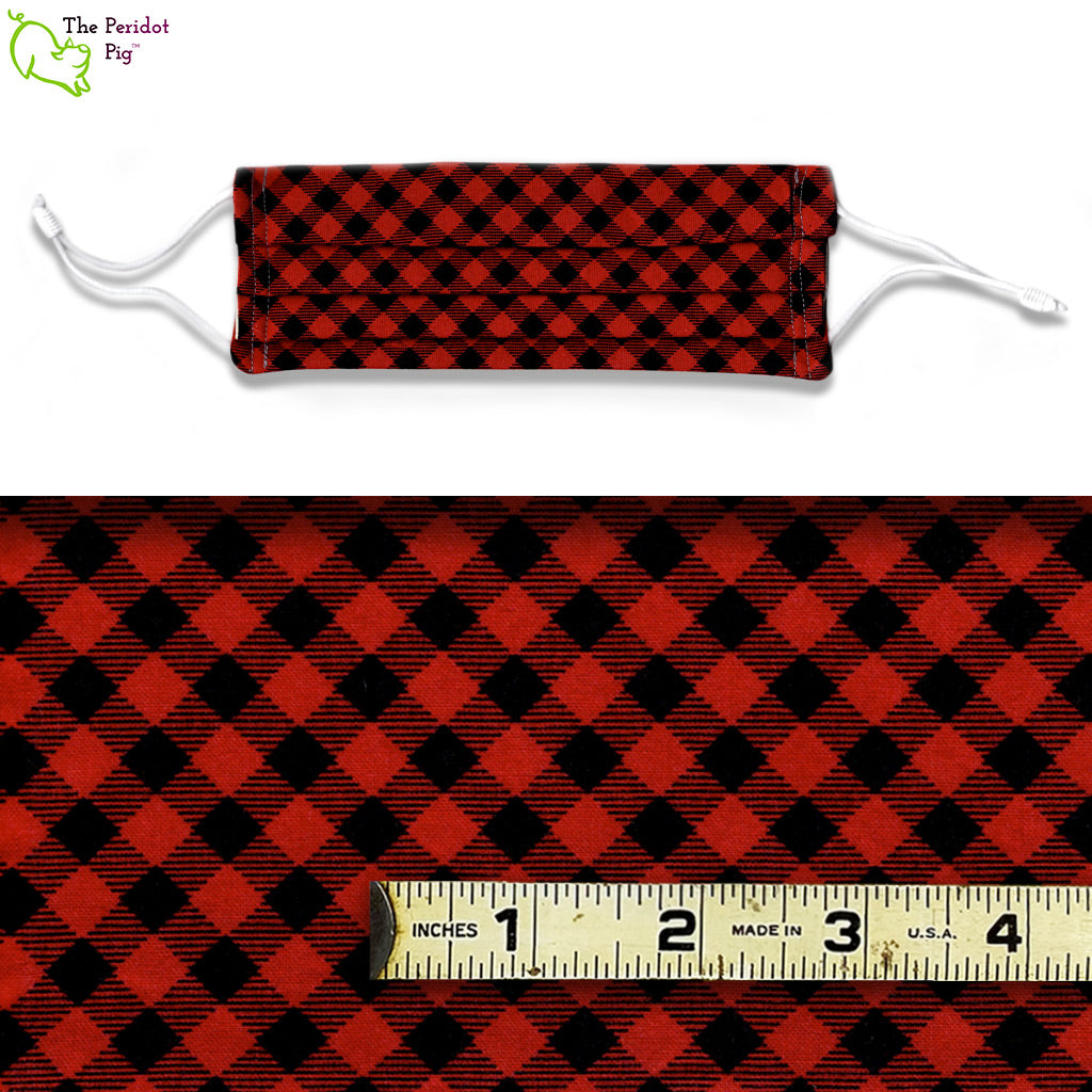 A split screen view of the Buffalo plaid masks and a closeup of the fabric
