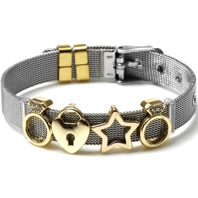 These mesh bracelets are cute enough to make "squeee" noises. They come with a variety of charms that come in different metal colors. There are hearts, rings, stars, ladybugs, unicorns and lots of glam! Stainless bracelet with gold charms.