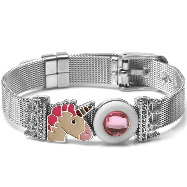 These mesh bracelets are cute enough to make "squeee" noises. They come with a variety of charms that come in different metal colors. There are hearts, rings, stars, ladybugs, unicorns and lots of glam! Stainless bracelet with pink and silver unicorn charms.