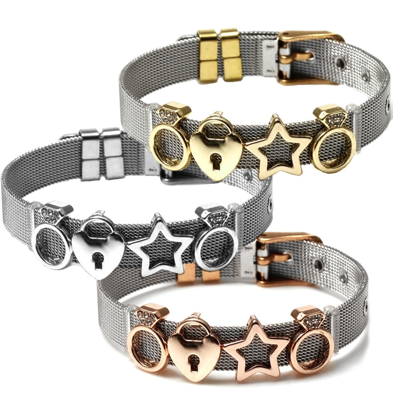 These mesh bracelets are cute enough to make "squeee" noises. They come with a variety of charms that come in different metal colors. There are hearts, rings, stars, ladybugs, unicorns and lots of glam! Three bracelets shown.