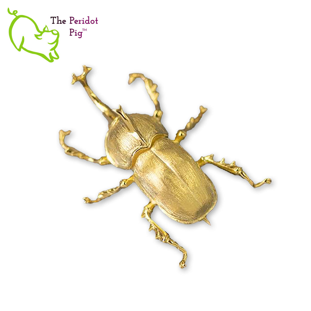 The detail on this amazing iNature rhinoceros beetle brooch is wonderful. Cast in 925 sterling silver and plated in 18K gold. Shown in gold, front view.