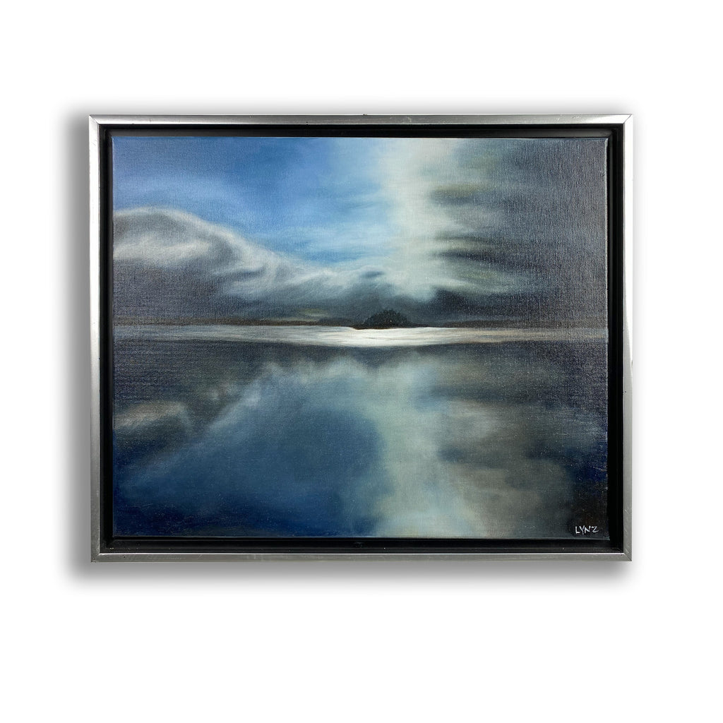 An oil painting by C. Lynn Arnold signed "LYNZ" depicting a distant island with clouds reflecting in a still lake.