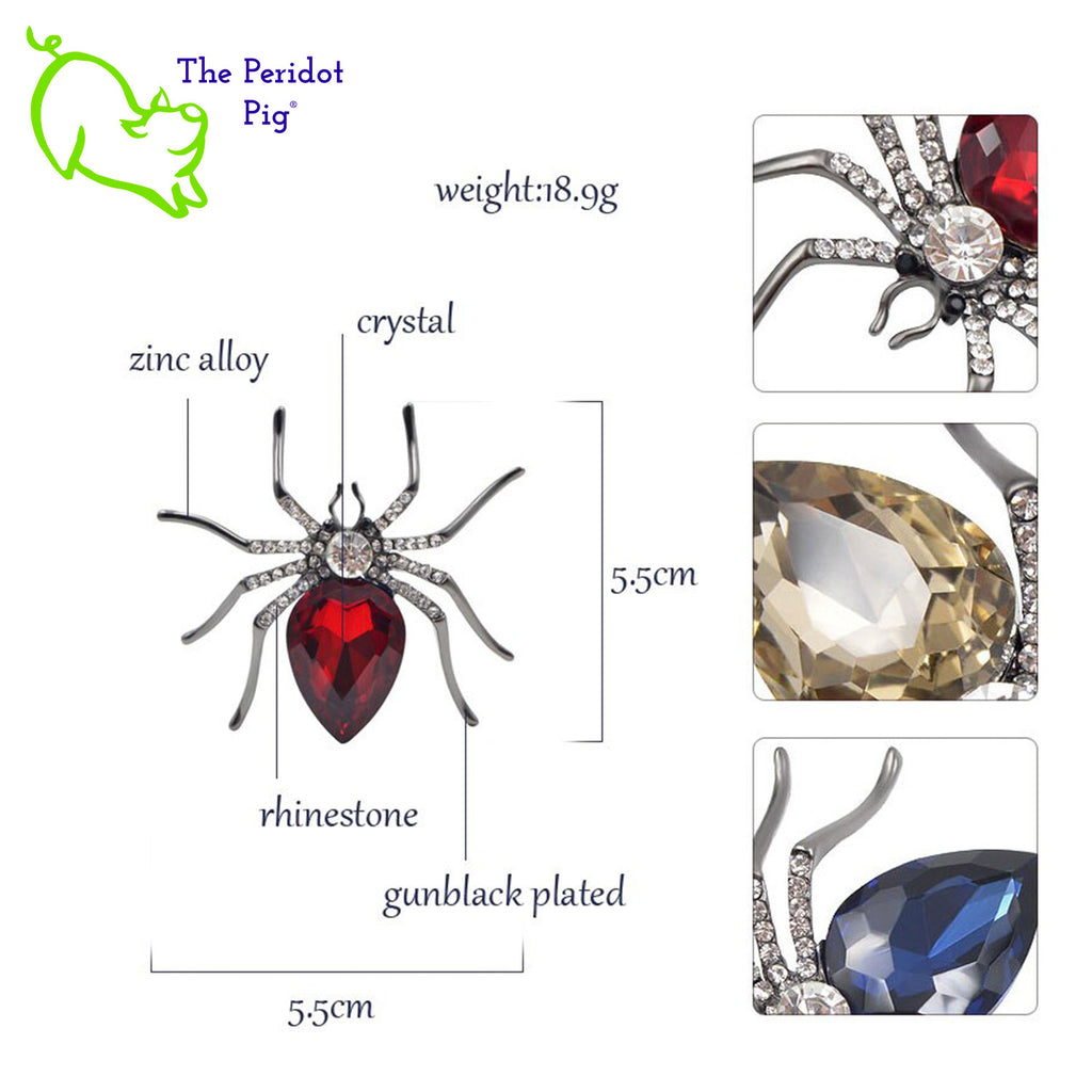 A simple and stylized spider brooch available in 3 different color options. A perfect addition to a scarf or hat. Specifications.