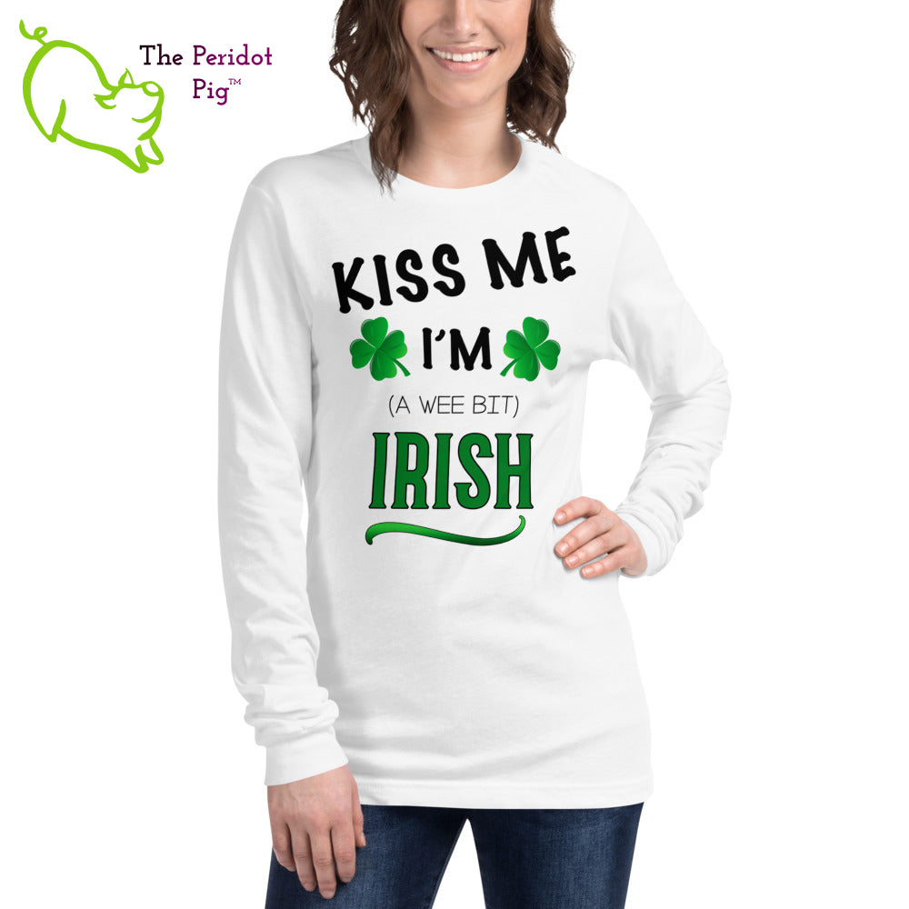 A basic long sleeve t-shirt for your St. Patrick's Day wardrobe! Even if you're stuck in quarantine, it's good for a laugh on the next Zoom call. The vibrant print is on the front of the shirt. The back is blank. Shown on a woman model.