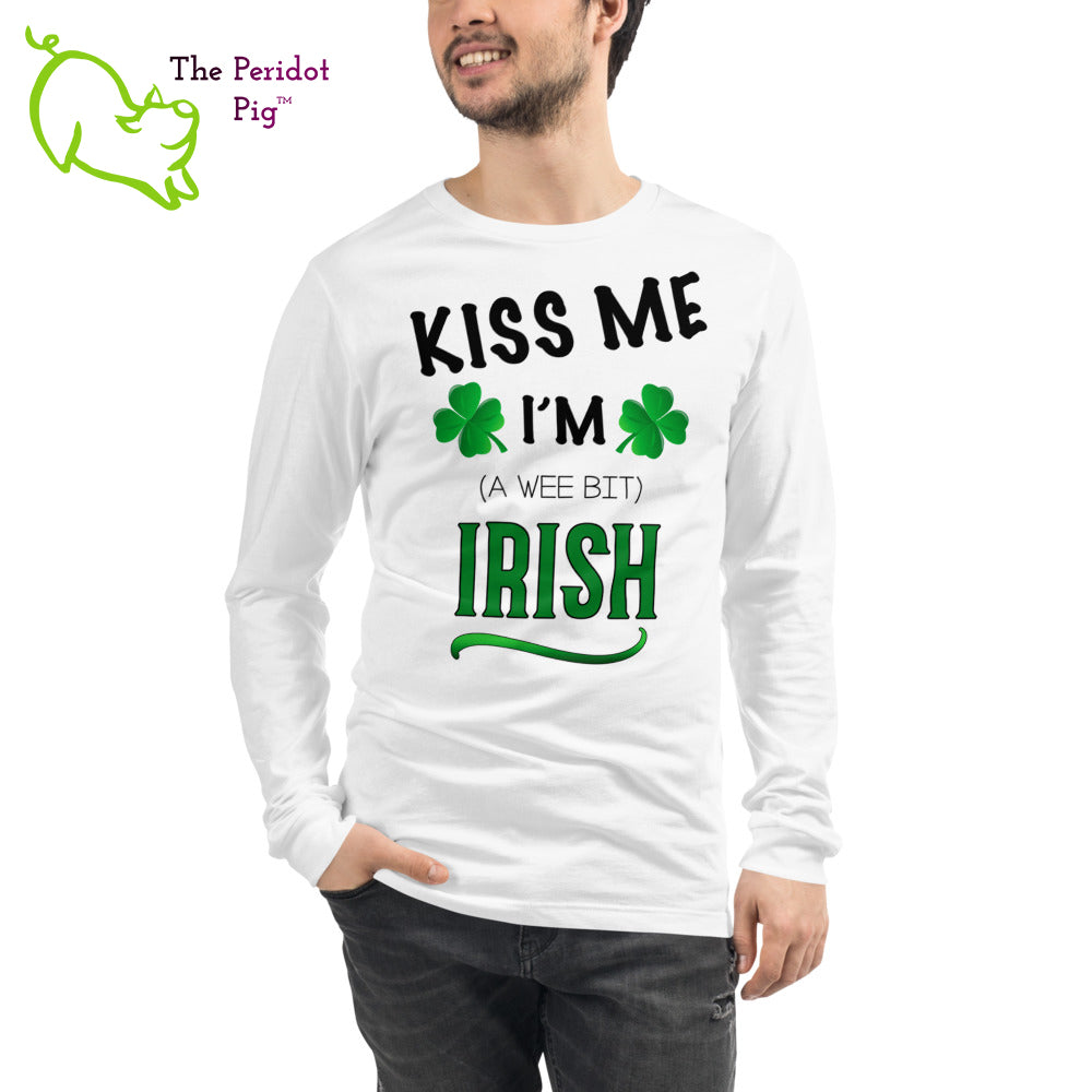 A basic long sleeve t-shirt for your St. Patrick's Day wardrobe! Even if you're stuck in quarantine, it's good for a laugh on the next Zoom call. The vibrant print is on the front of the shirt. The back is blank. Shown on a male model.