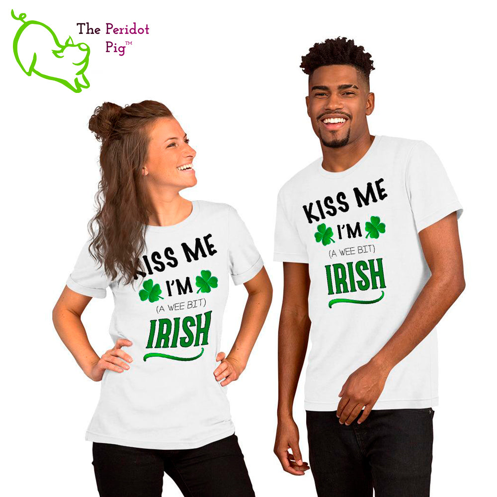 A basic short sleeve t-shirt for your St. Patrick's Day wardrobe even if you weren't born in Ireland! If you're stuck in quarantine, it's good for a laugh on the next Zoom call. The vibrant print is on the front of the shirt. The back is blank. Shown on a female and male model.