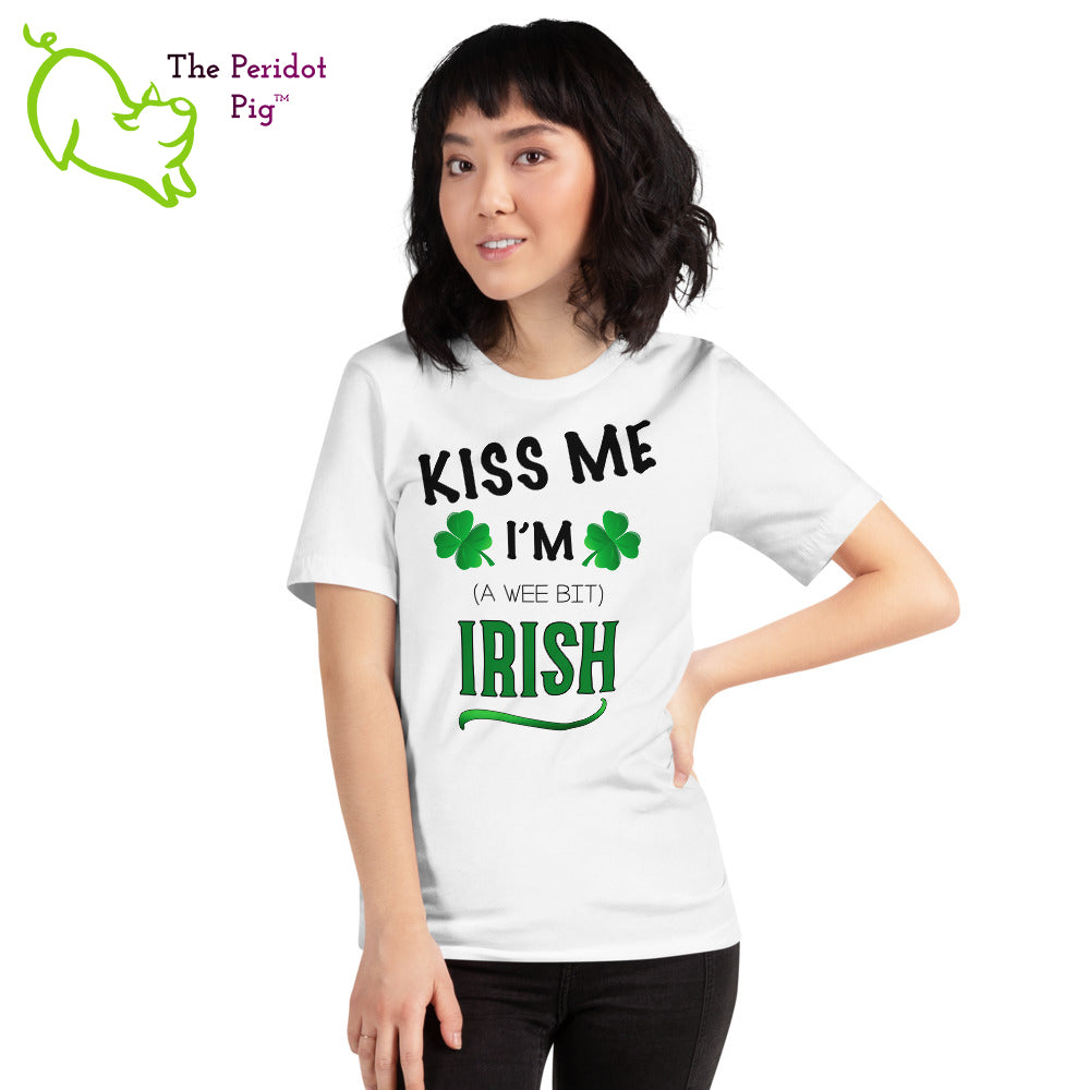 A basic short sleeve t-shirt for your St. Patrick's Day wardrobe even if you weren't born in Ireland! If you're stuck in quarantine, it's good for a laugh on the next Zoom call. The vibrant print is on the front of the shirt. The back is blank. Shown on a female model.
