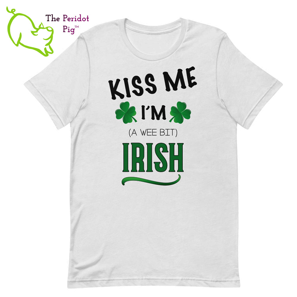A basic short sleeve t-shirt for your St. Patrick's Day wardrobe even if you weren't born in Ireland! If you're stuck in quarantine, it's good for a laugh on the next Zoom call. The vibrant print is on the front of the shirt. The back is blank. Front flat view.